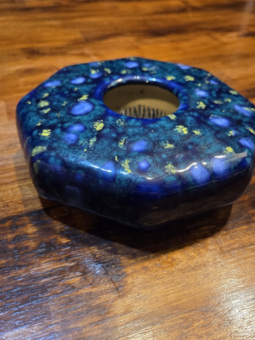 Signed, Handmade Blue Art Pottery Flower Frog Mint condition Medium Sized 7
